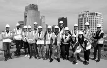 Structural/earthquake engineering graduate students visit tower three of the Metropolis project in downtown Los Angeles, with professors Henry Burton and John Wallace.