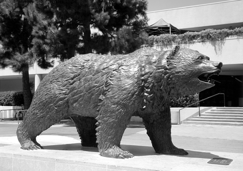 Bronze bear statue named The Bruin by Billy Fitzgerald, in Bruin Plaza on campus